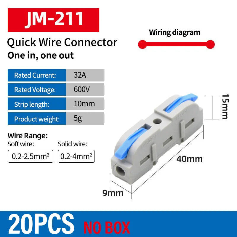 Universal Lever Wire Connectors 1-To-1 Inline Compact Splicing Quick Electrical Connector Reusable Plug In Insulated Terminals Qme 211B 20PCS