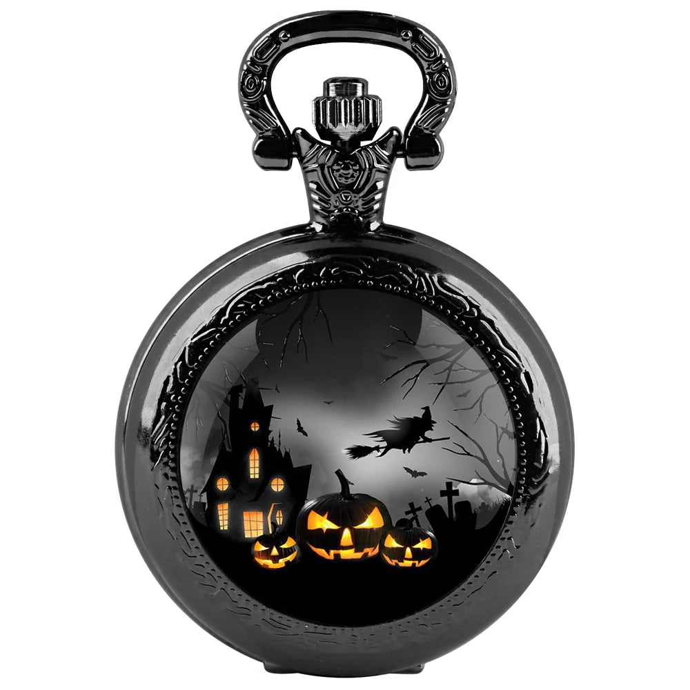 Pumpkin Witch Glass Dome Quartz Pocket Watch With Durable Chain Arabic Numeral Dial Halloween Gifts for Kids Qme black