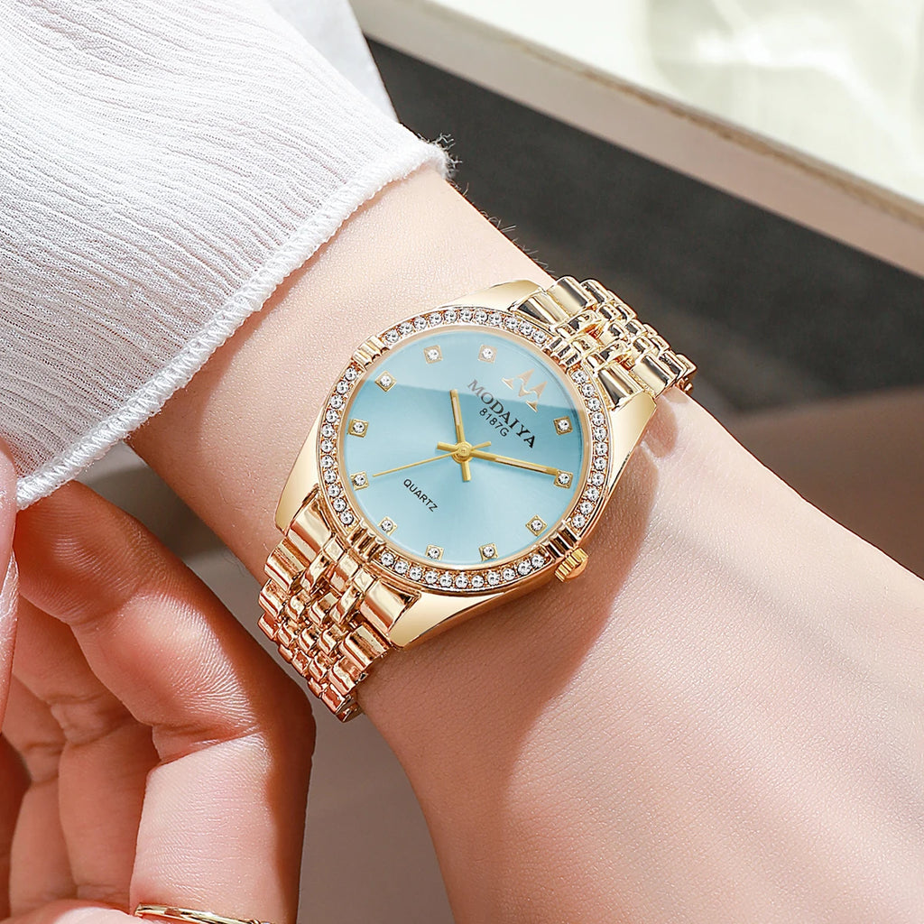 Luxury Women's Quartz Watch, Rose Gold Tone with Crystal Bezel, Light Blue Dial, Elegant Style Qme