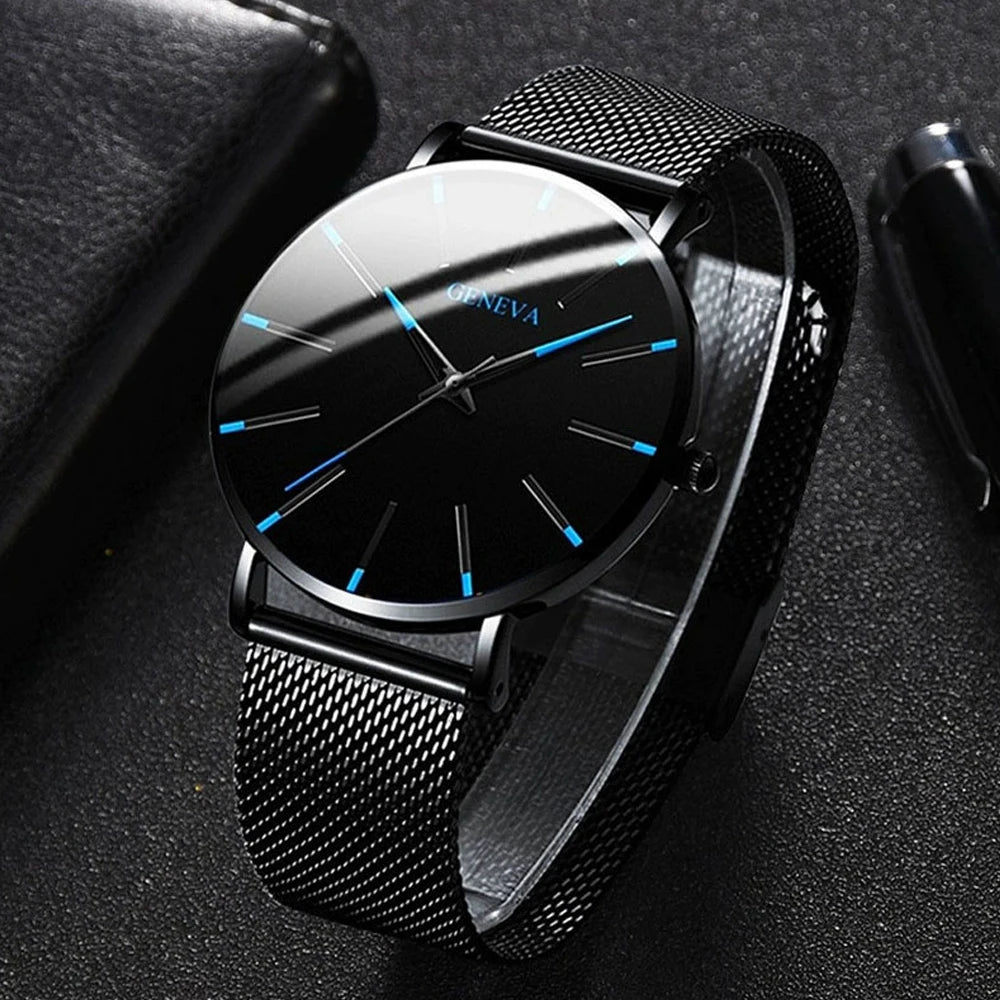 1PCS Geneva Men's Watch Fashion Blue Needle Quartz Watch Simple Business Mesh Belt Watch Qme Blue