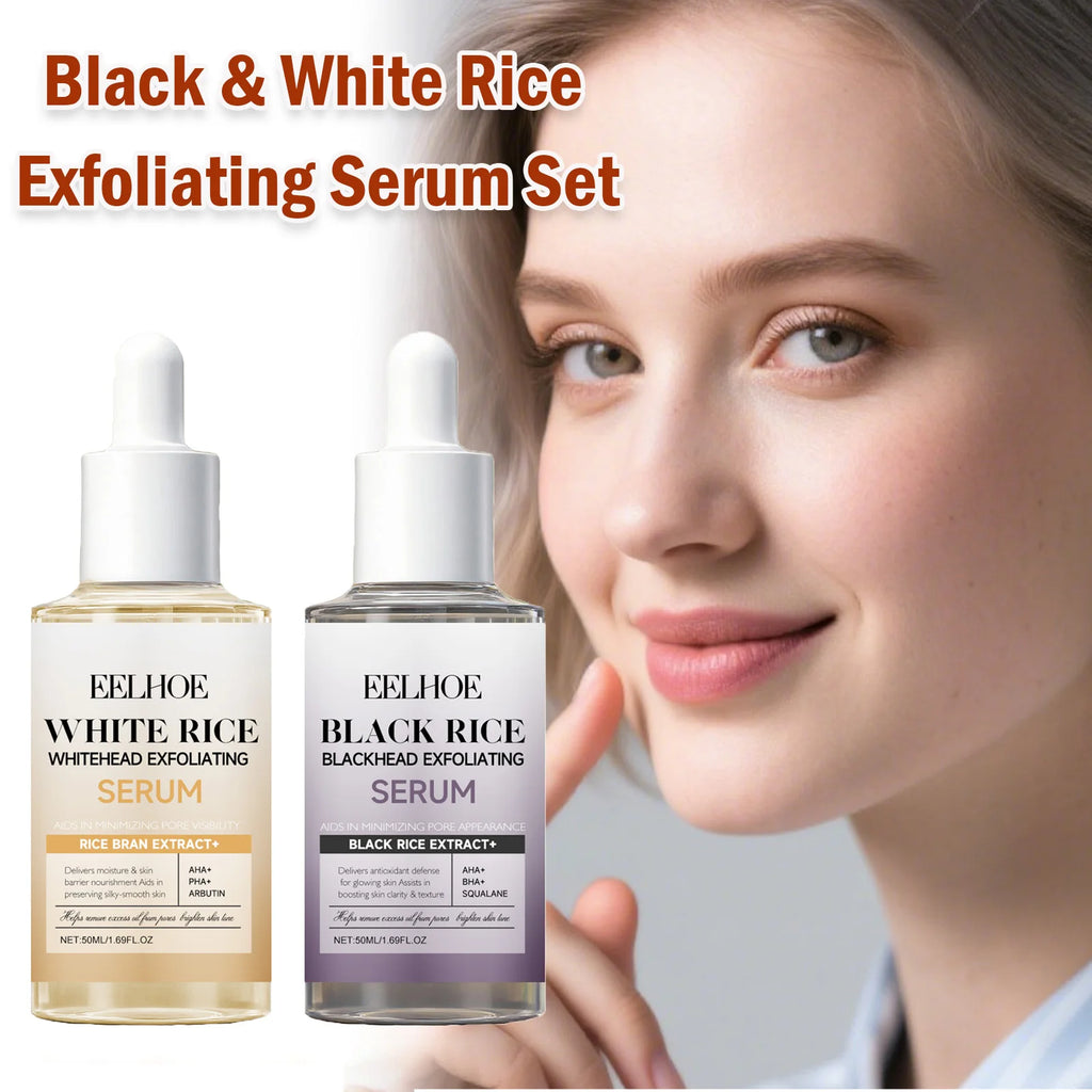 Black & White Rice Exfoliating Serum Set BHA Niacinamide Pore Minimizing & Brightening Blackhead Whitehead Remover Skincare Set Qme