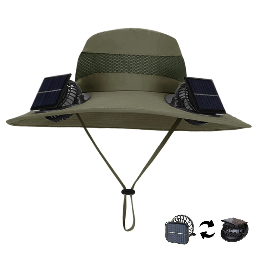 For Outdoor Camping Fishing Hiking Sunscreen Fisherman Hat Solar Fan Cap Portable Solar Charging Cap with Fan Suitable Qme Green pure color