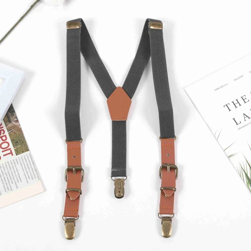 Kids Suspenders Tuxedo Y-back 3 Clips Adjustable Elastic Trouser Qme Dark Grey