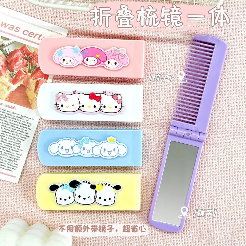 Cute Mini Hello Kitty Comb Cartoon-Style Folding Bangs Comb Portable Fine-Tooth Comb with Mirror Qme