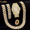 4Pcs Men's Gold Iced Out Jewelry Set, Full Diamond Dial Quartz Watch + Cuban Link Chain + Bracelet + Ring, Hip Hop Bling Style Qme 4