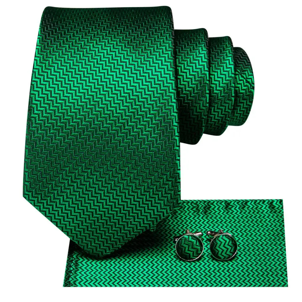 Hi-tie Men Fashion Solid Green Blue Necktie Handkerchief Cufflinks Qme