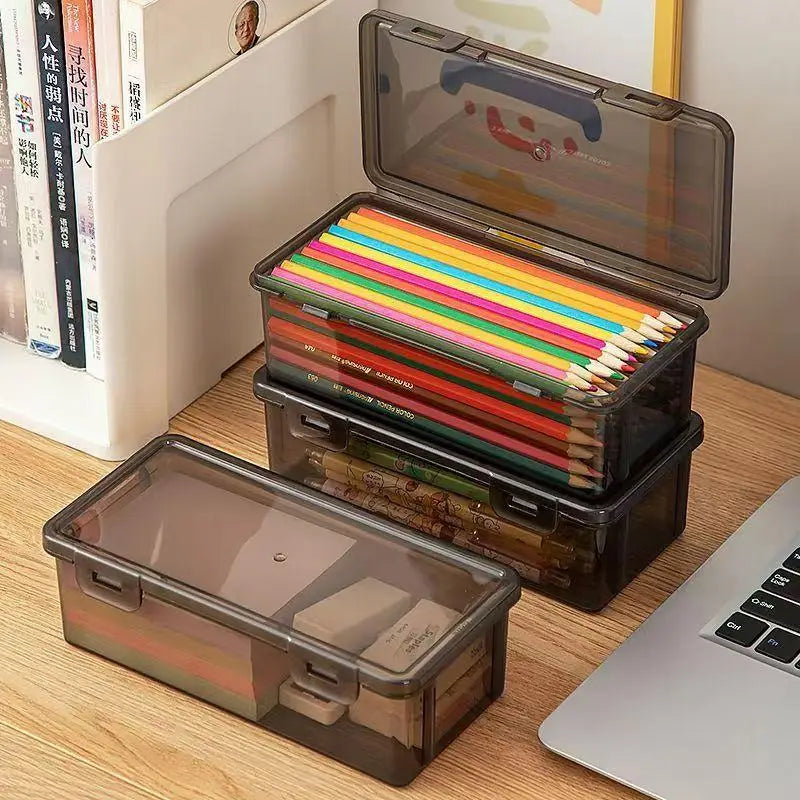 Black Transparent Plastic Storage Box Lid Desk Organizer Pens Pencils Qme