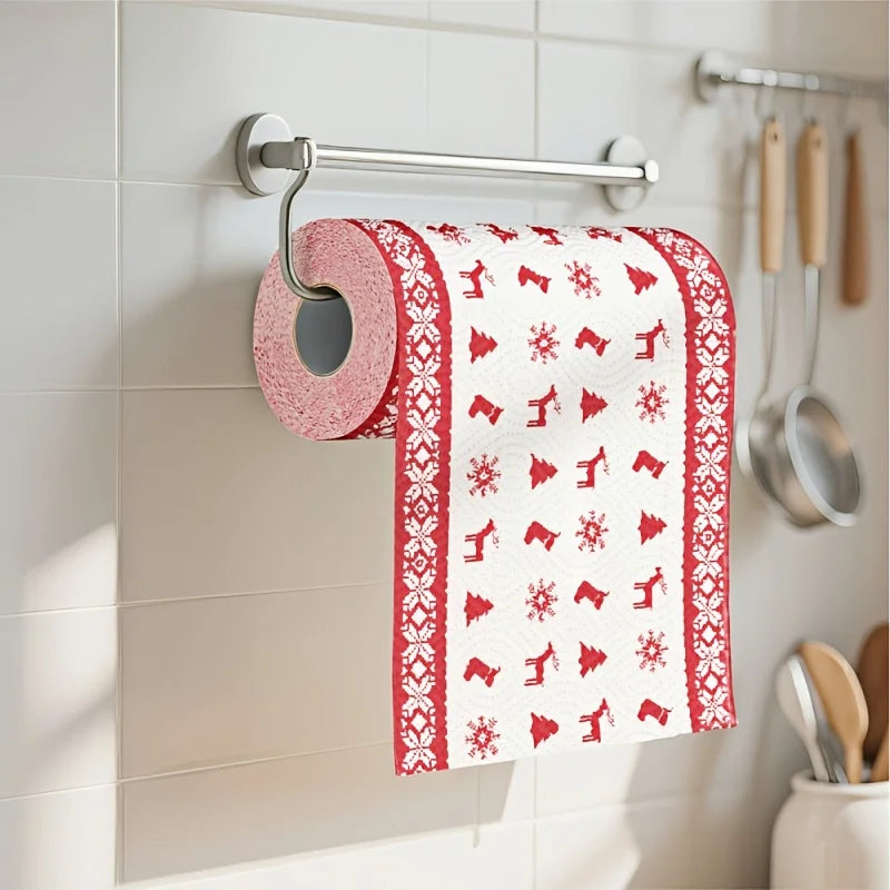 1 roll of Christmas kitchen paper Thickened three-layer roll paper, disposable kitchen cleaning wet and dry household - lazy rag Qme