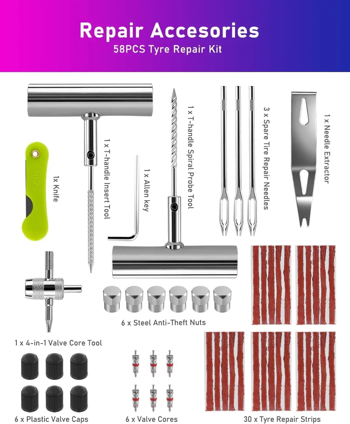 Tire Repair Kit 59pcs Heavy Duty Tire Plug Set, Tire Repair Kit,Heavy Duty Tire Plug Kit Qme