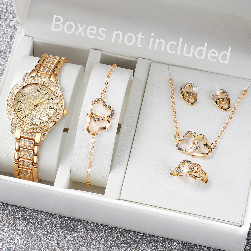 6PCS Full Diamond Roman Literal Steel Strip Watch Starry Sky Charm Business Quartz Watch Hip Hop Style Full Diamond Watch Set Qme