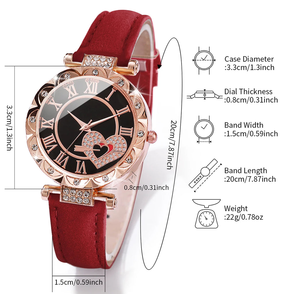6 Pçs/set Relógio Feminino Moda Roma Coração Dial Pulseira de Couro Relógios de Quartzo Conjunto de Pulseiras de Folha Qme