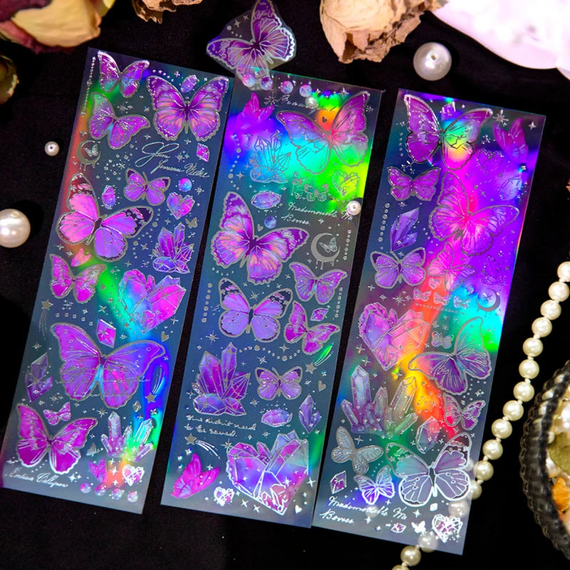 3 pcs Laser Butterfly Series Art Collage Junk Journal Supplies DIY Scrapbooking Stickers PET Waterproof Craft Aesthetics Sticker Qme