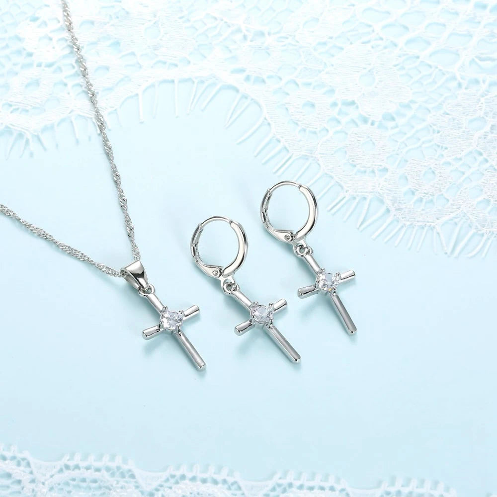 925 Sterling Silver Stamped Necklaces Earrings Cross Shape Classic Fashion Jewelry Set CZ Cubic Zirconia Party Unisex Wholesale Qme