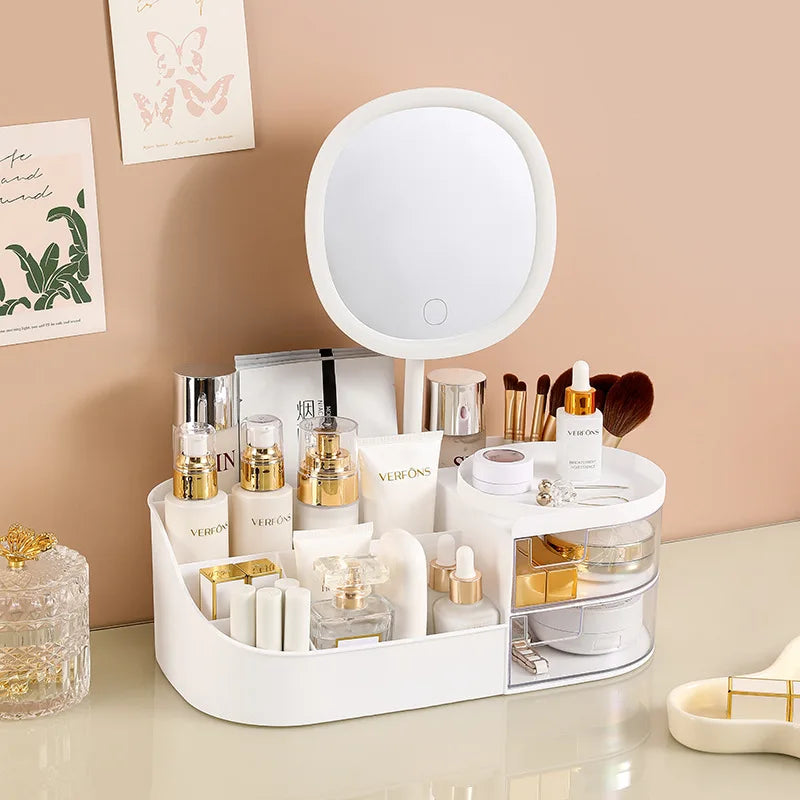 Makeup Storage Box With Mirror Desktop Dressing Table Makeup Mirror Cosmetics Jewelry Storage Box Touch Light Storage Organizer Qme LIvoryWhtwithMirror