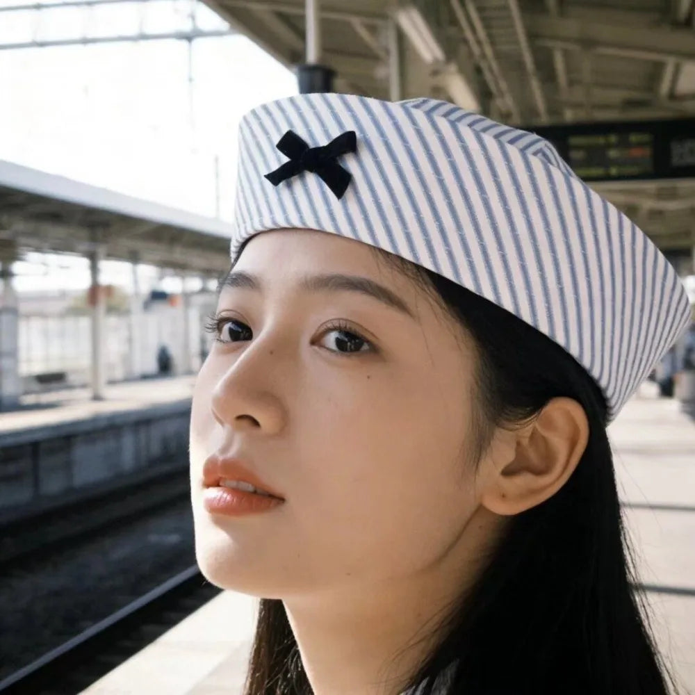 Fashion Y2K Stripe Sailor Hat Bow JK Navy Octagonal Polyester Captain Qme
