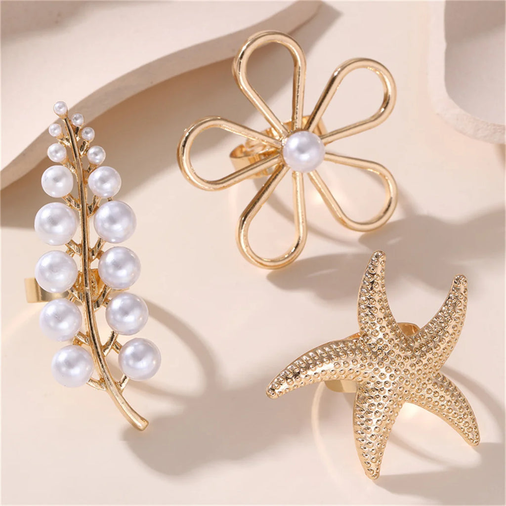 Vintage Exaggerated Metal Flower Starfish Pearl Rings for Women Fashion Aesthetic Beach Style Gold Color Vacation Jewelry Gift Qme