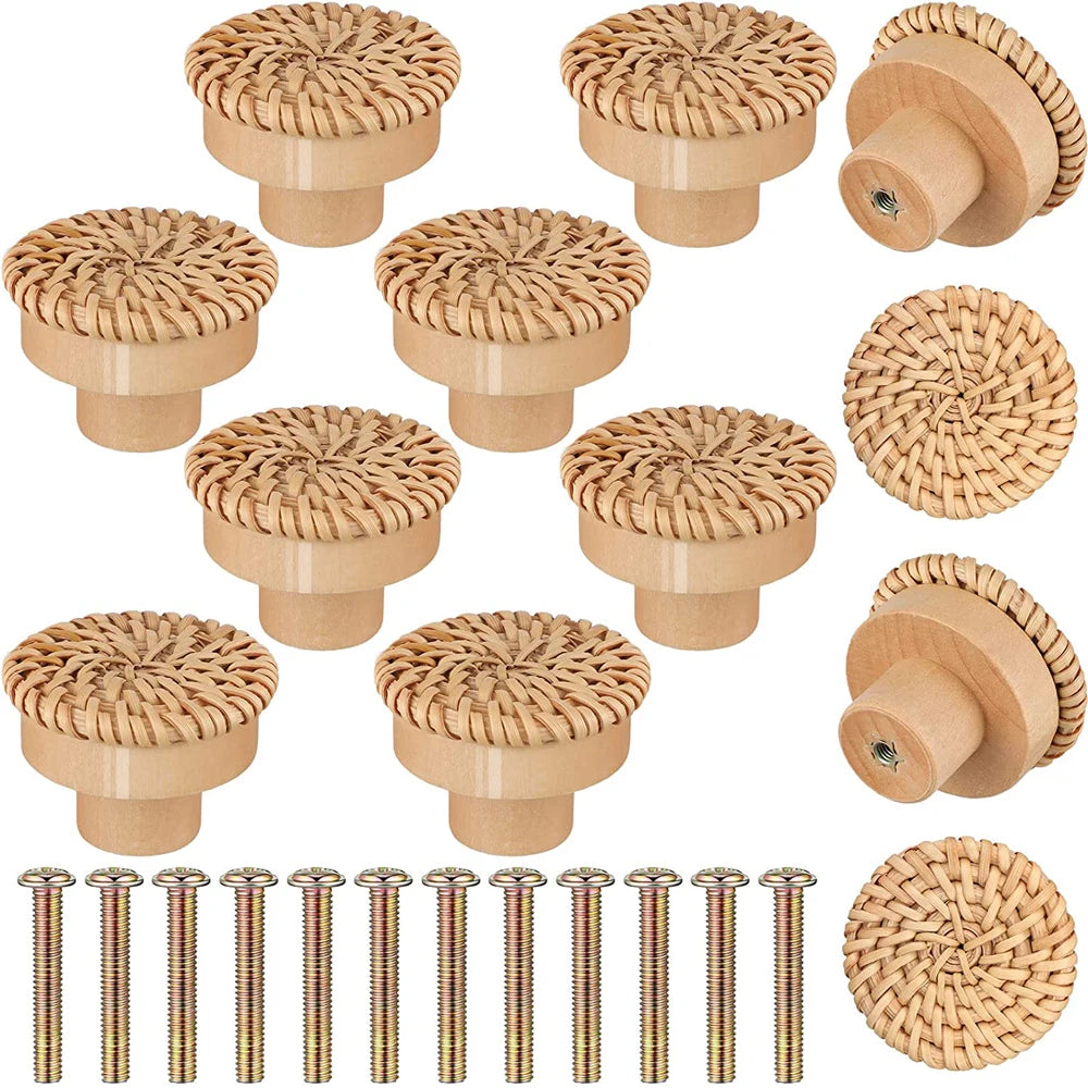 Rattan Wooden Drawer Knobs Round Handmade Cabinets Dresser Handles Wood Kitchen Cupboard Wardrobe Door Pulls for Furniture Qme