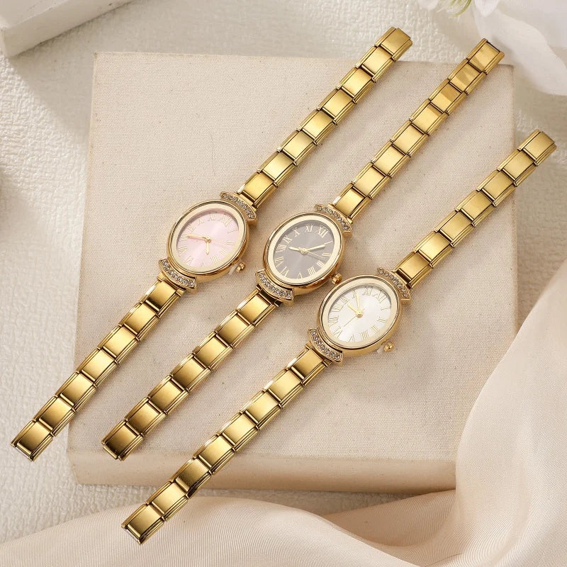 New2026 Vintage High Quality Oval Inlaid Zircon Stainless Steel Watch Bracelet Women's 9MM DIY Italian Charm Bangle Jewelry Gift Qme