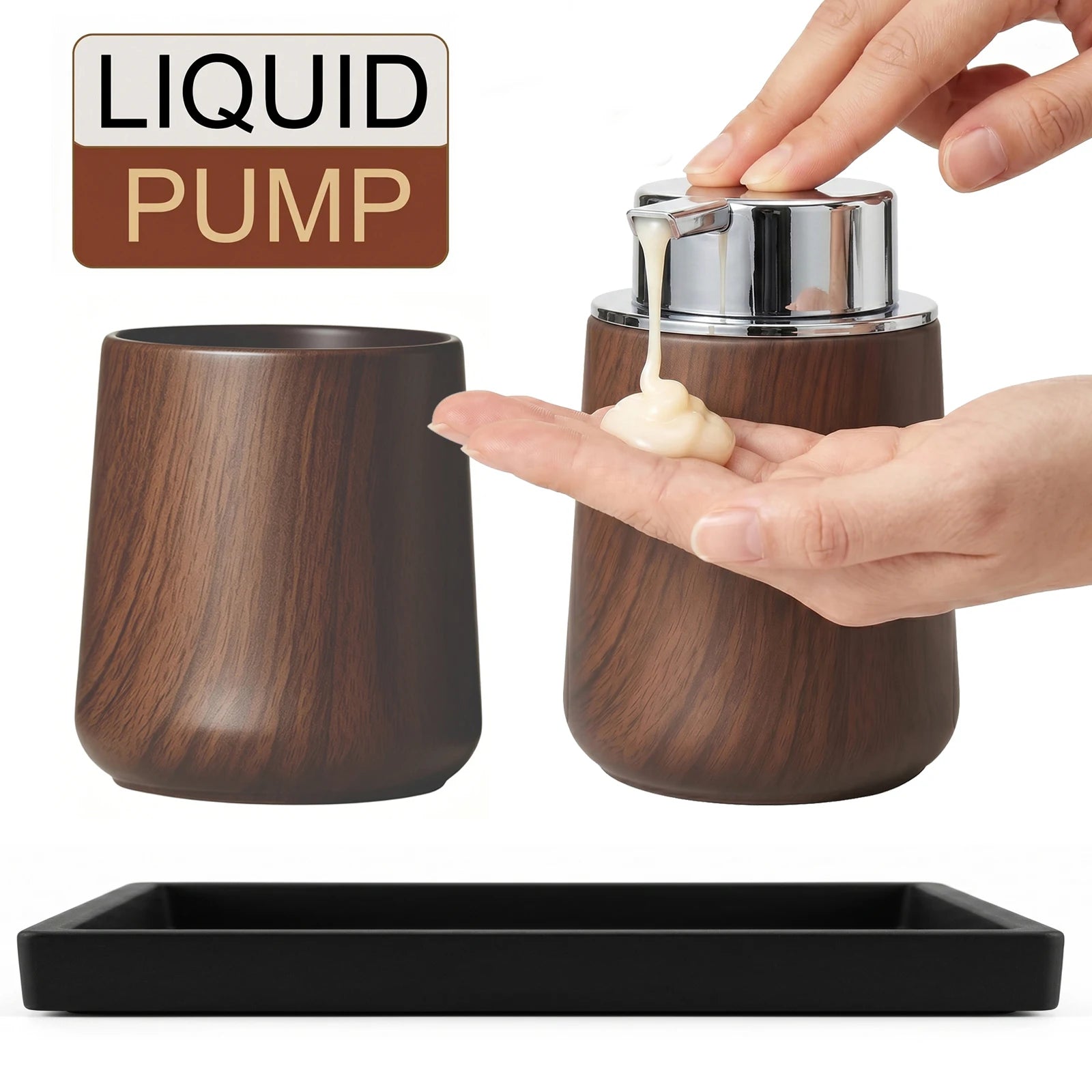Cotton Lotion Hand Toothpaste Brush Storage Countertop Accessories Walnut Foam Soap Dispenser Bottle Set for Kitchen Bathroom Qme LIQUID-SET B