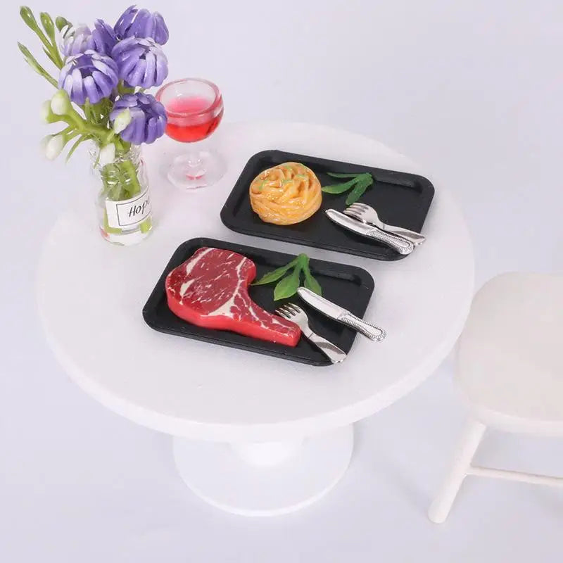 Simulated Steak Pasta Plate Knife Fork Model Dollhouse Kitchen Food Qme