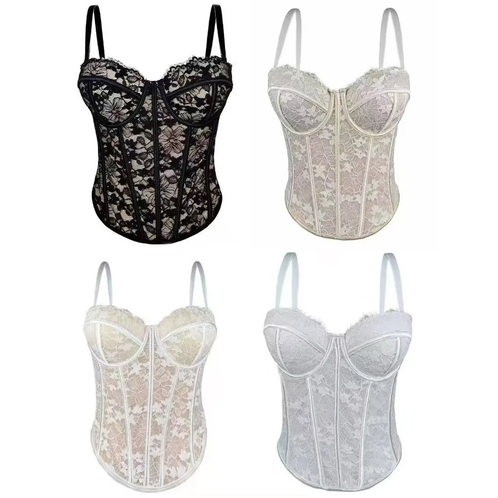 Sweet Mesh Flower Slim Lace Crop Bottoming Shirt Fishbone Corset Qme