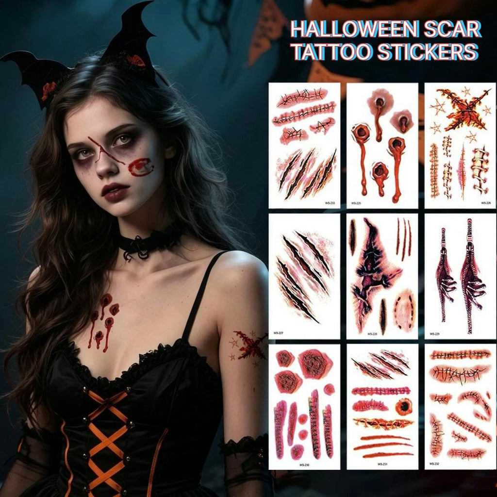 A 6Pieces Horror Wound Temporary Tattoos Waterproof Realistic Blood Tattoo Injury Scar Tattoo Stickers for Face Qme