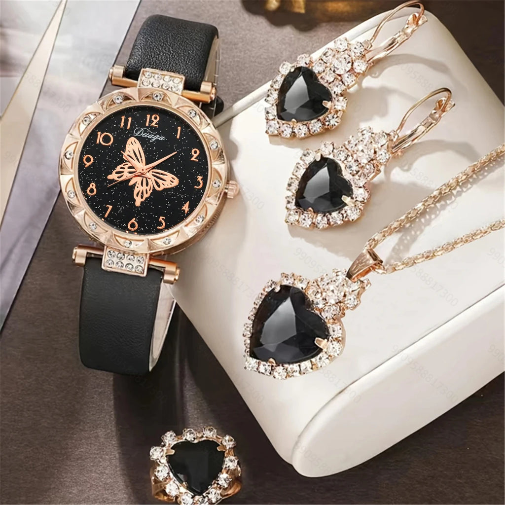 5pcs set women's fashionable and personalized minimalist classic butterfly digital belt watch quartz watch Qme