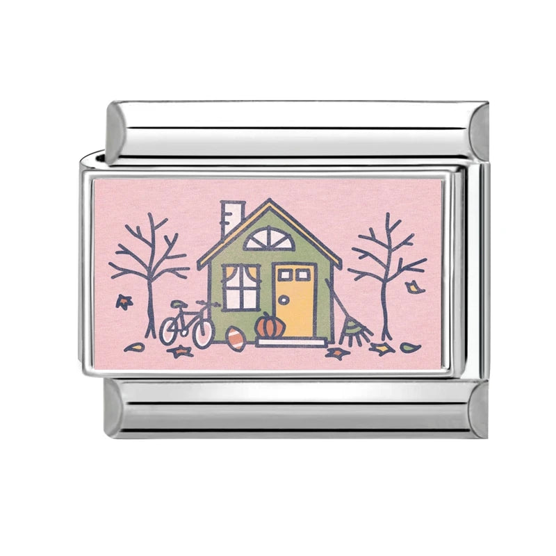 Fashion Pink Skyscraper City Scenery Fish Cat Vase House Italian Charm Link fit 9mm Stainless Steel Jewelry DIY Making Bracelets Qme Style 17
