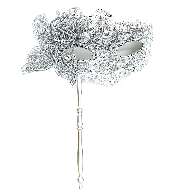 Halloween Party Mask With Holding Stick Evening Prom Masquerade Mask Stage Cosplay Props Half Face Masks For Women Qme Silver