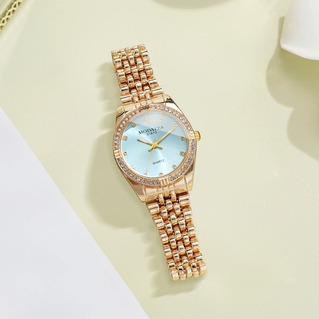 Luxury Women's Quartz Watch, Rose Gold Tone with Crystal Bezel, Light Blue Dial, Elegant Style Qme