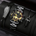 3pcs/set, Fashion Men's Business Quartz Watch & Casual Wing Bracelet & Hexagonal Pendant Necklace Qme 2 No