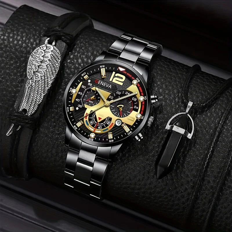 3pcs/set, Fashion Men's Business Quartz Watch & Casual Wing Bracelet & Hexagonal Pendant Necklace Qme 2 No