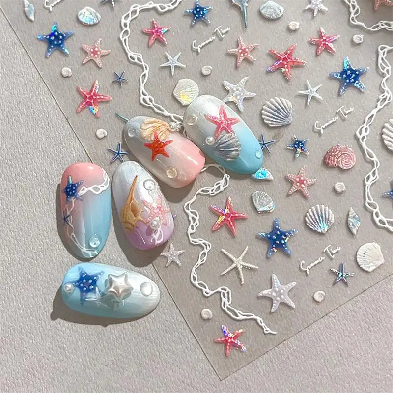 1 Sheet 5D Summer Seashell Nail Sticker Shiny Embossed Starfish Nails Qme