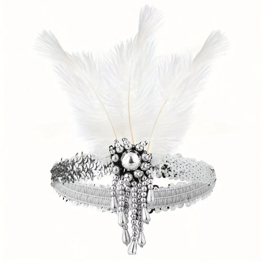 Exquisite Retro Women's Feather Headband Sequin 1920s Girls Hair Hoop Qme White