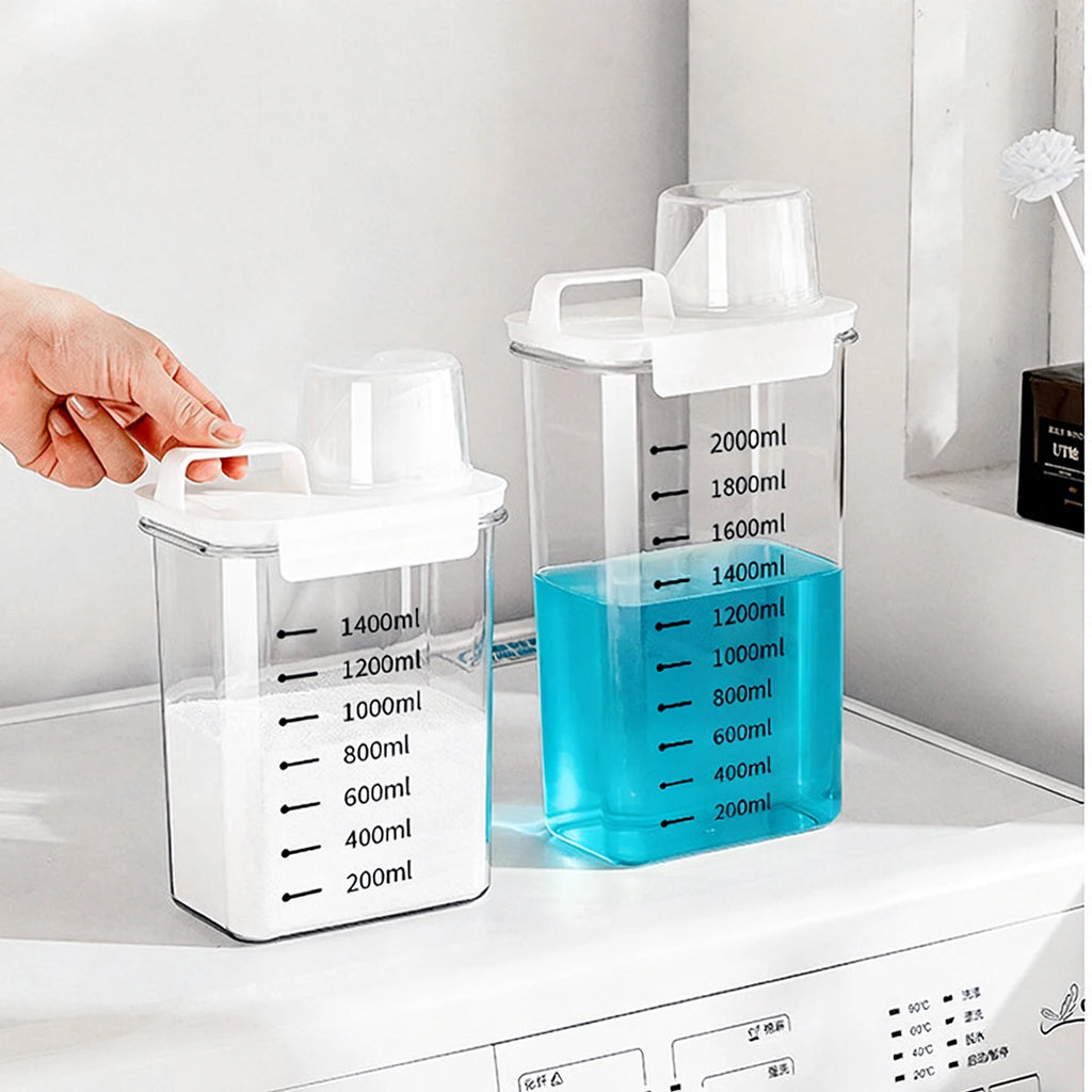 Laundry Detergent Dispenser for Powder & Liquid - Airtight Storage Container with Measuring Cup Lid, Clear Container for Laundry Qme