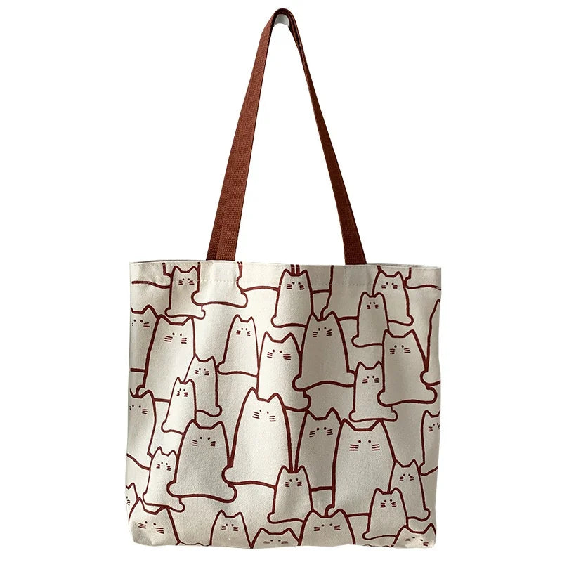 Cute Cartoon Cat Canvas Tote Bag Women Fashion Shoulder Casual Qme