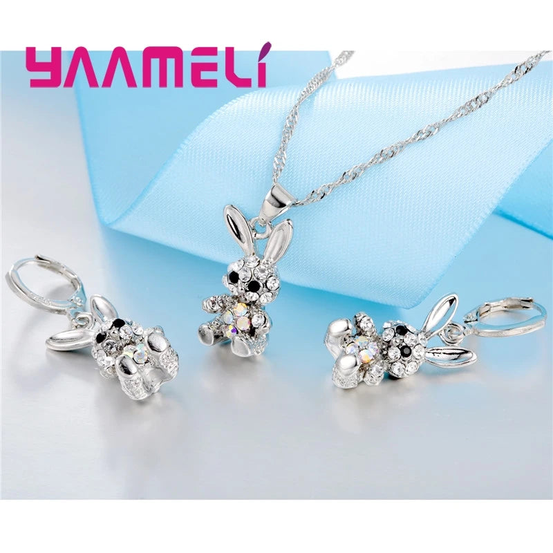 Lovely Cute Rabbit Gifts for Women Girls 925 Sterling Silver Color Jewelry Sets AB Colored Cubic Zircon Necklace Dangle Earrings Qme