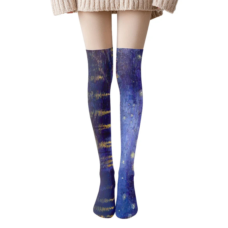 Van Gogh Retro Oil Painting Thigh Stockings Starry Sky Sunflower Qme style11 One Size