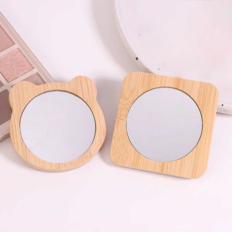 Hand-held Beauty Makeup Mirror Small Round Mirrors Simple Wooden Qme