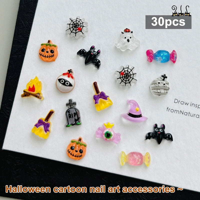 30pcs Halloween Nail Art Charm 3D Kawaii Pumpkin Ghost Halloween Resin Decorations Cartoon Clown Mini Figurines Resin Nail DIY Qme