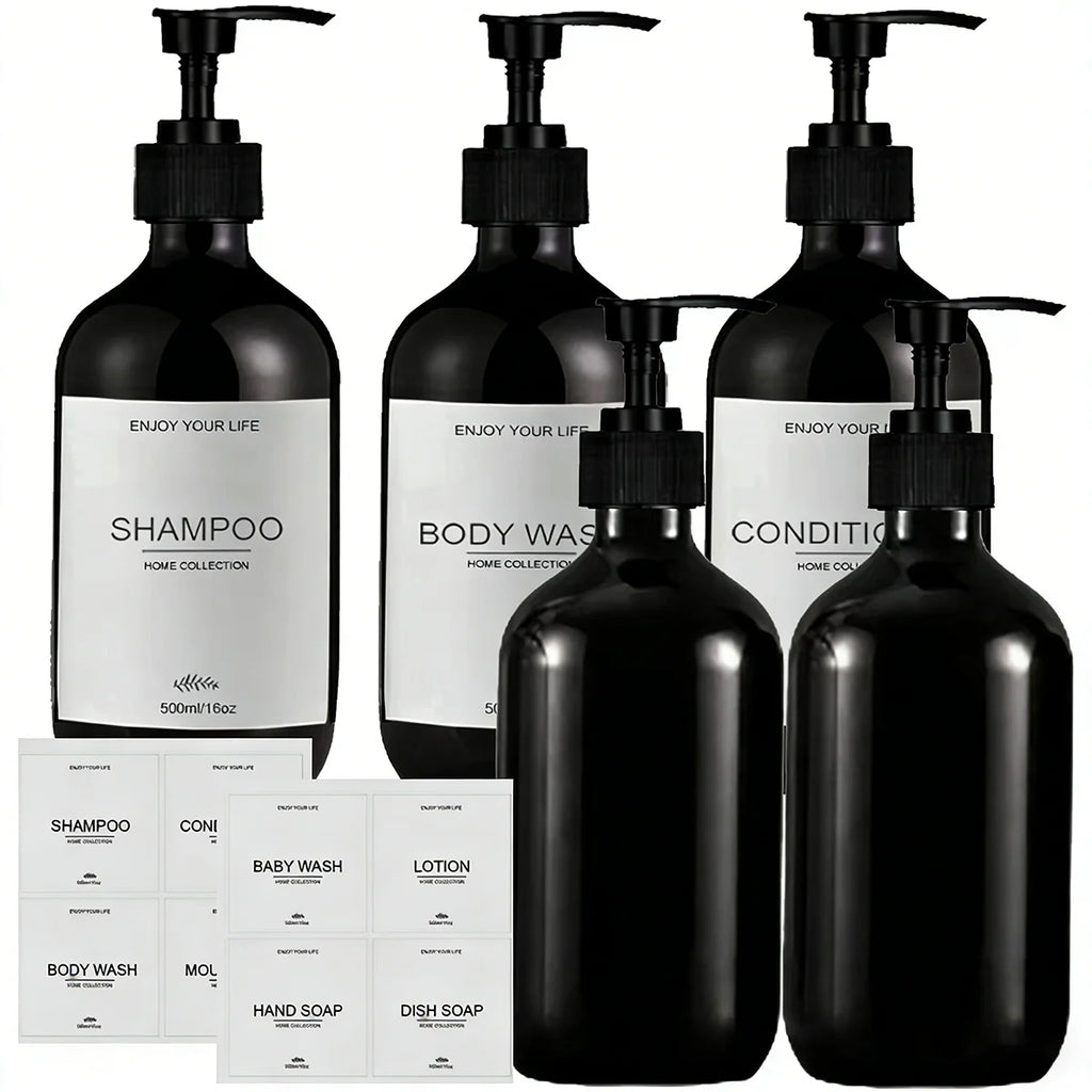 Shower Soap Dispenser Set Glossy Black Refillable Shampoo and Conditioner Body Wash Dispenser with Waterproof Labels Bathroom Qme 5pcs-B