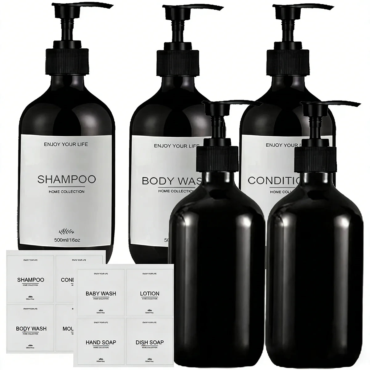Shower Soap Dispenser Set Glossy Black Refillable Shampoo and Conditioner Body Wash Dispenser with Waterproof Labels Bathroom Qme 5pcs-B