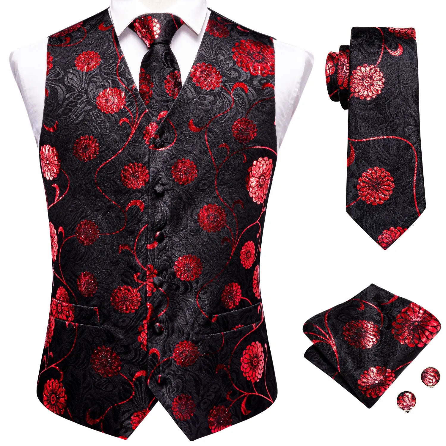 Men's Floral Paisley Suit Vest Tie Formal Waistcoat Necktie Pocket Qme