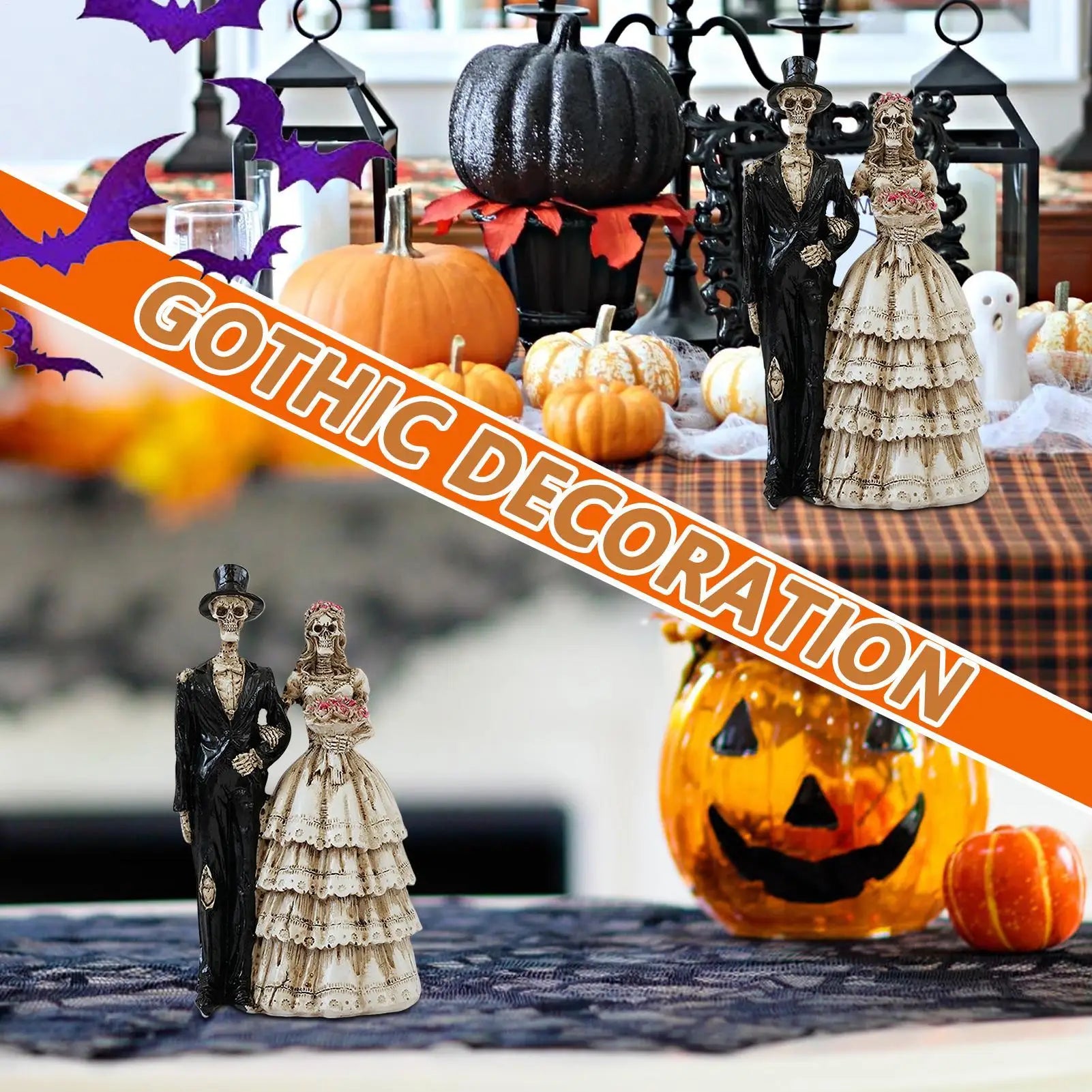 Gothic Skeleton Couple Resin Bride Groom Halloween Decoration Desk Qme