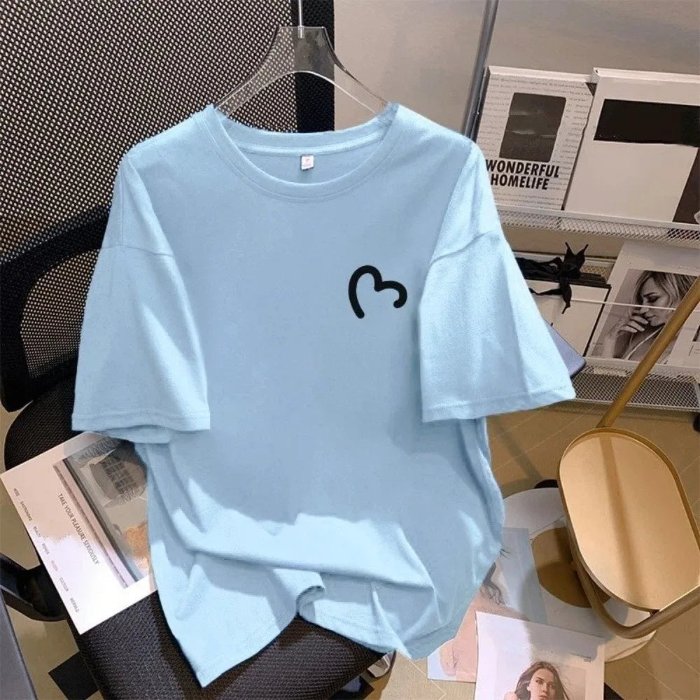 Fashion Round Neck Oversized T-shirt Loose Fit Simple Couple Outfits Qme