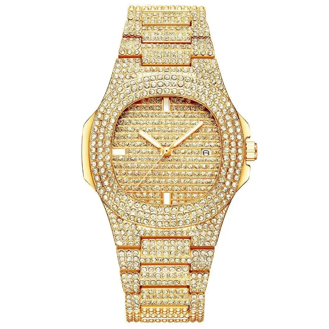 1pc Popular Hip Hop Full Artificial Diamond Avant-garde Quartz Men's Watch Trendy Brand Fashion Men's Watch Qme Coffee