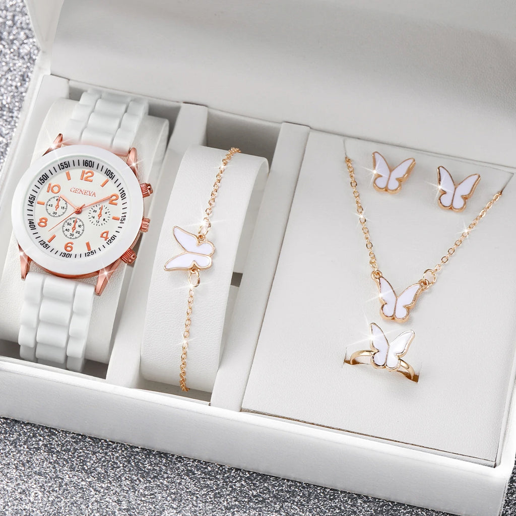 Mulheres Relógio Quartzo de Genebra, Pulseira de Silicone, Conjunto de Jóias Borboleta sem Caixa, Fashion, 5 peças por conjunto Qme white
