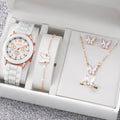 Mulheres Relógio Quartzo de Genebra, Pulseira de Silicone, Conjunto de Jóias Borboleta sem Caixa, Fashion, 5 peças por conjunto Qme white
