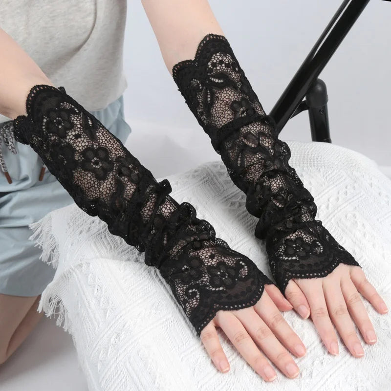 Women Long Lace Fingerless Gloves Flower Sun Protection Arm Sleeves Qme