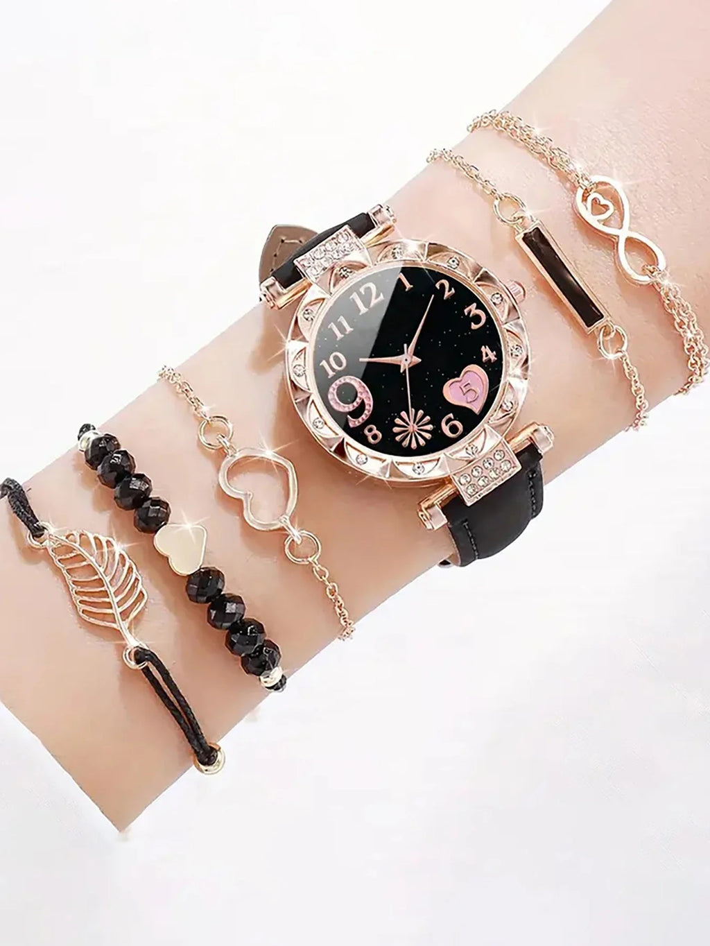 6PCS Women's Fashion Quartz Watch Luxury Pink Leather Band Analog WristWatch Ladies Watch Women Dress Bracelet Set Clock Qme